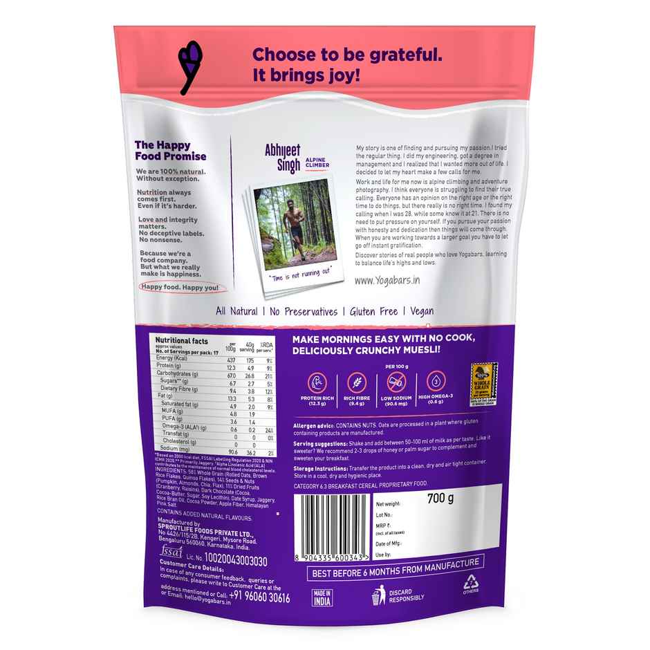 Yoga Bar Wholegrain Breakfast Muesli-Dark Chocolate+Cranberry,Granola,Gluten Free,Antioxidant Rich