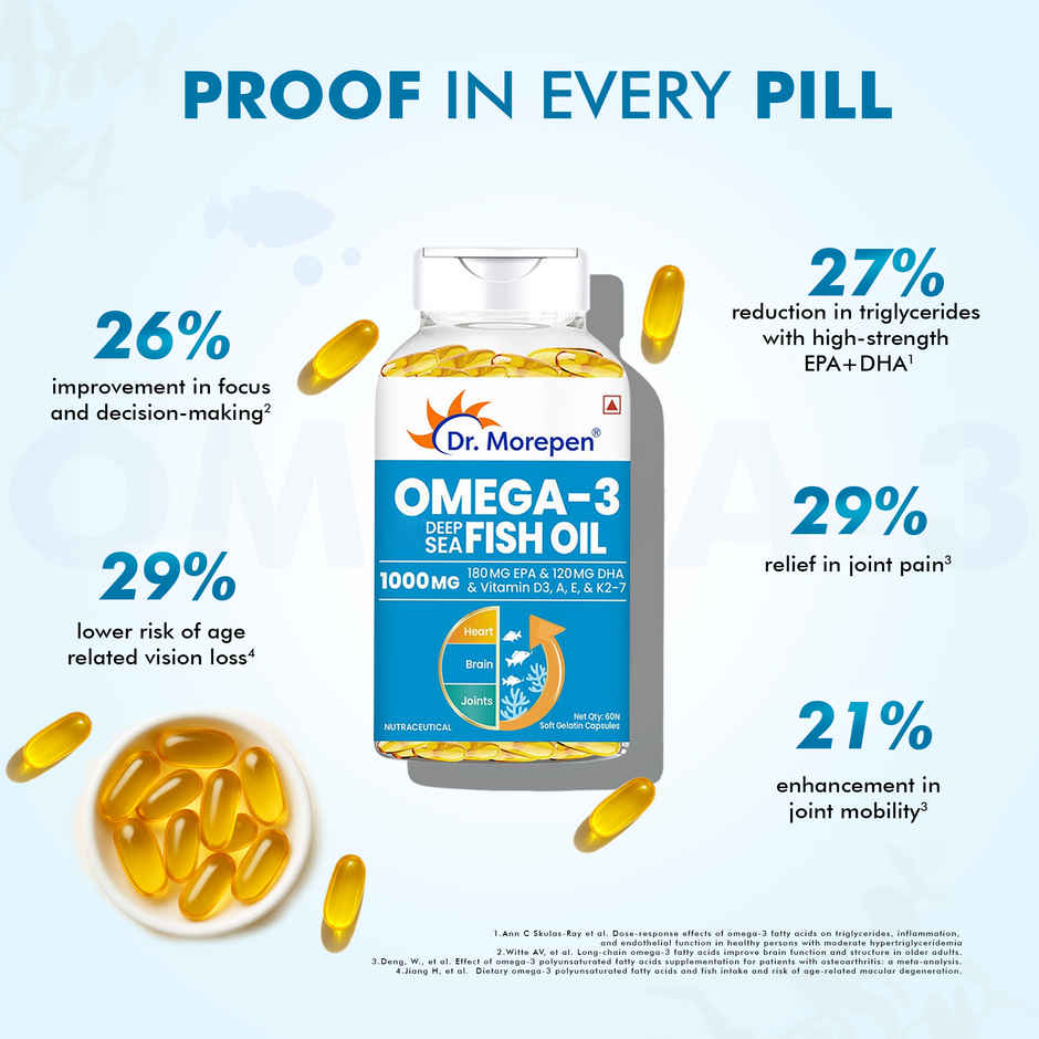 Dr. Morepen Omega-3 Fish Oil 1000mg Capsules with Vitamin A,E & D3 No Fishy Burps