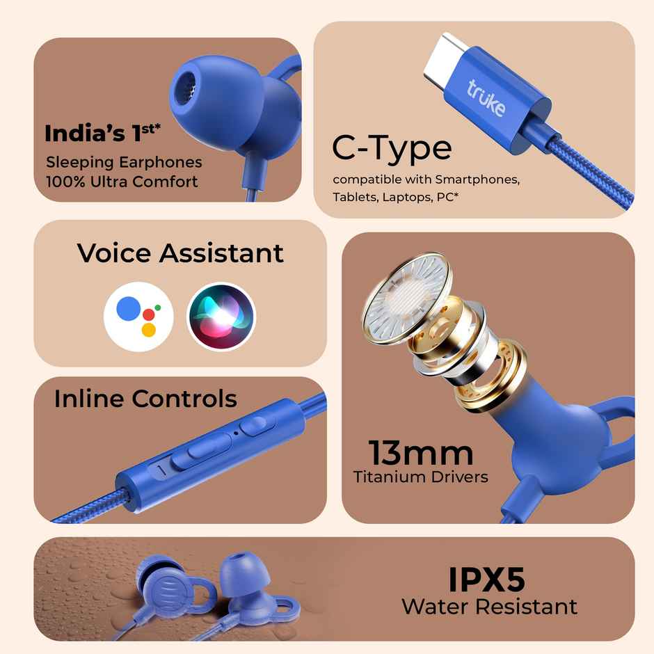 Truke Bass S2 Sleeping Earphone with 100 percent Silicone Tip Type C Mic Multifunctional Keys Blue