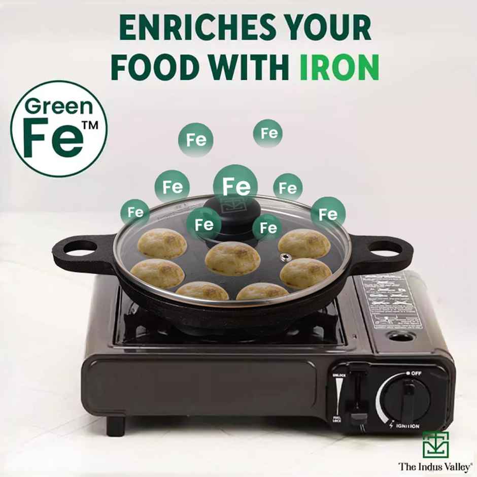The Indus Valley Super Smooth Cast Iron Paniyaram Pan with Glass Lid | 9 Pit, 20.8cm/8.2inch, 2.7kg