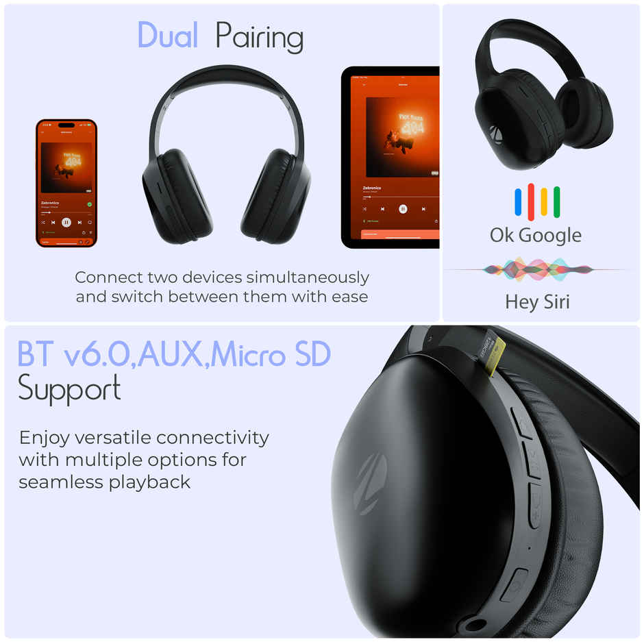Zebronics Zeb Thunder Pro On-Ear Bluetooth Wireless Headphone With 60 Hrs Playback BT v5.0, 40MM Driver, USB-C Type Charging - Black