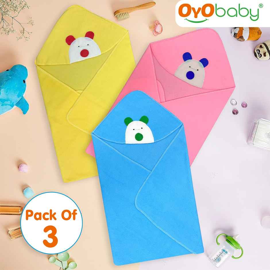 OYO BABY Premium 3 Hooded Blanket for Baby (Pink + Blue + Yellow) 0-24 months