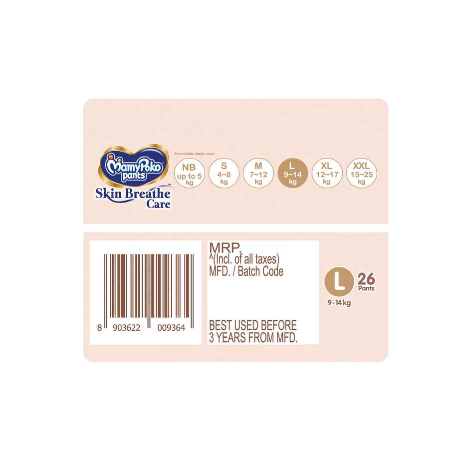 Mamypoko Pants Skin Breathe Care Baby Diapers | Size L | 9 to 14 kgs | Derma Tested