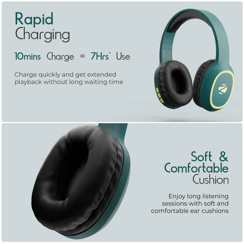 Zebronics Thunder BT 5.3 Headphone, 60H, Gaming Mode, Dual Pairing ENC, AUX, Voice Asst Teal Green