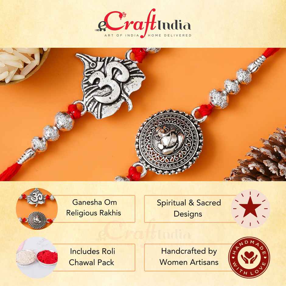 Religious Lord Ganesha and Om Symbol Religious Rakhi for Brothers with Roli Chawal | Pack of 2 | Ecraftindia
