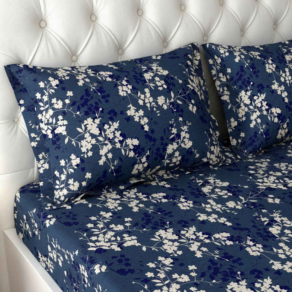 Raymond Home 120 GSM Hazel Floral Double Bedsheet with 2 Pillow Covers Blue