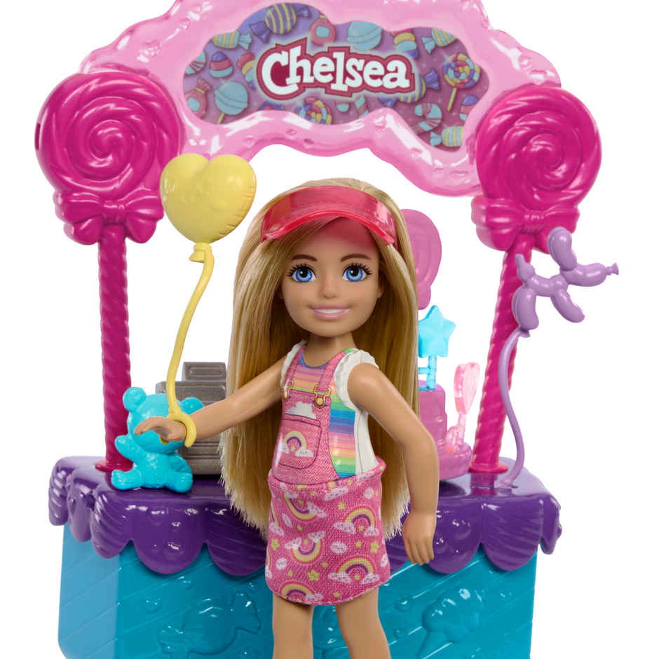 Barbie Chelsea Doll & Lollipop stand Playset with Accessories | 10 piece Toy Set from Barbie Movie