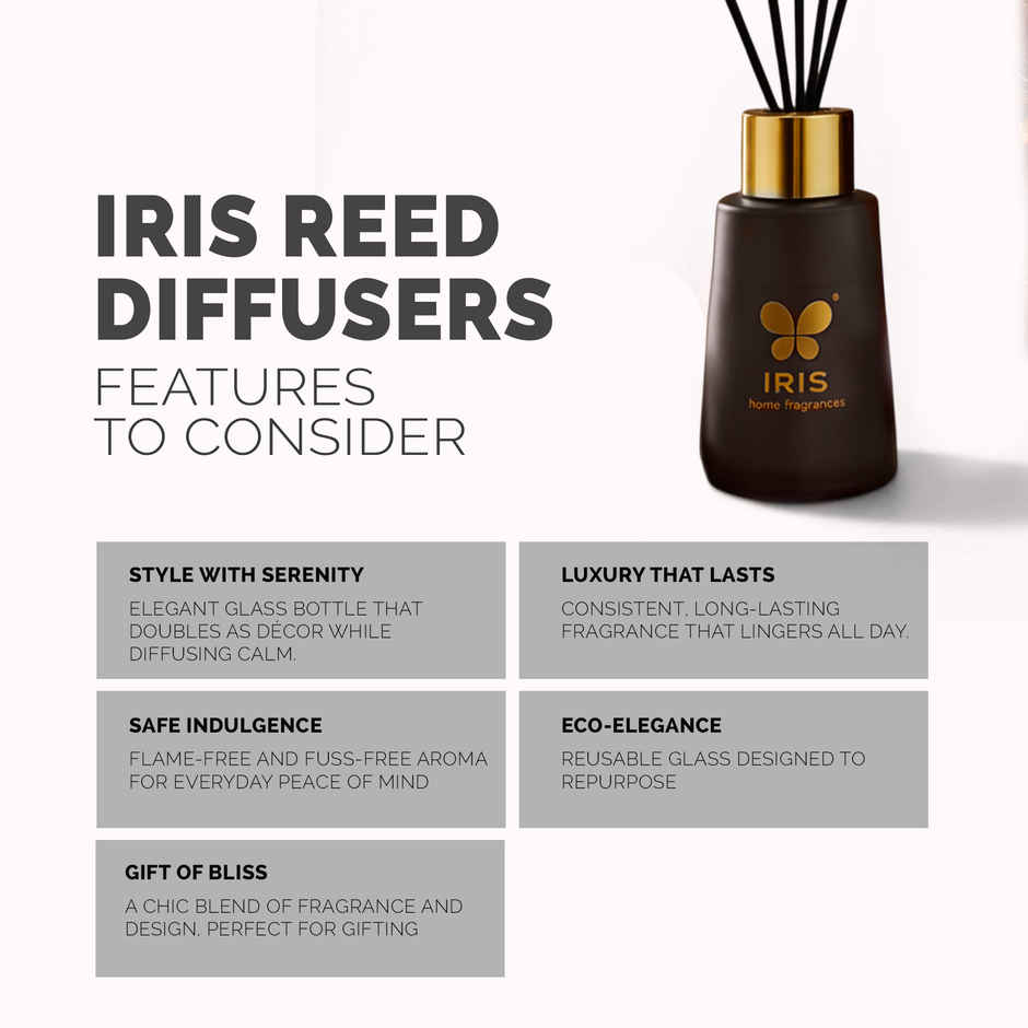 IRIS Cedar Embers Frosted Glass Reed Diffuser Set | Oil and 5 Fibre Reed sticks