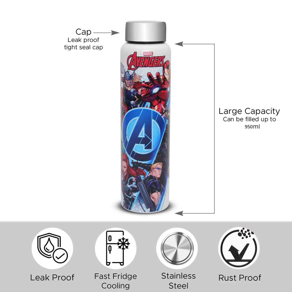 Jaypee Plus Stainless Steel Galaxy Prime Marvel Avengers Kids Water Bottle | White | 1 L
