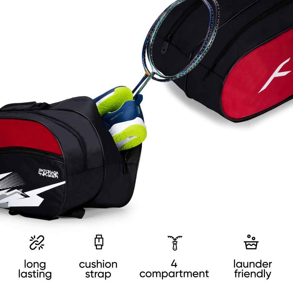 Hundred Cosmogear Badminton Kit-Bag | Black-Red|Double Zipper|Bag With Front Zipper Pocket