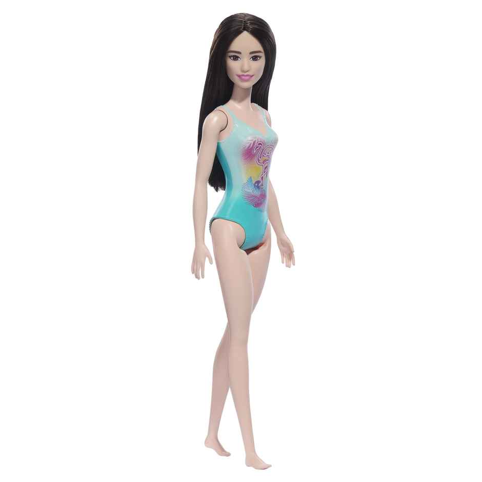 Mattel Barbie Beach Doll with Black Hair, Blue One-Piece Swimsuit with Tropical Print