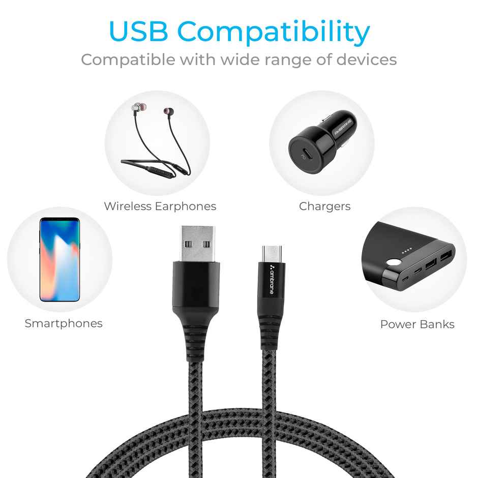 Ambrane RCT-15 USB Type C Cable 2 A 1.5 m  (Compatible with Smartphones, One Cable) - Black