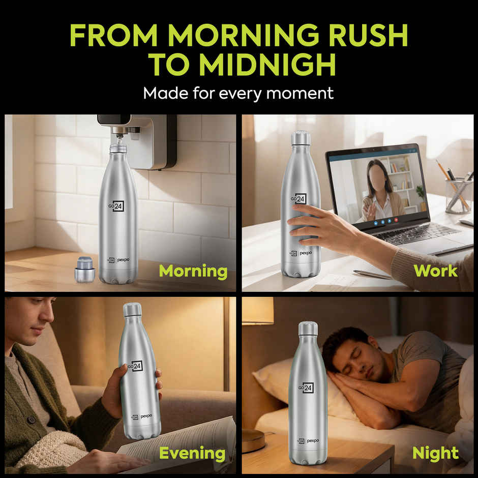Go24 Electro Stainless Steel Thermos Bottle | Silver | Leakproof | 3-Layer Insulation