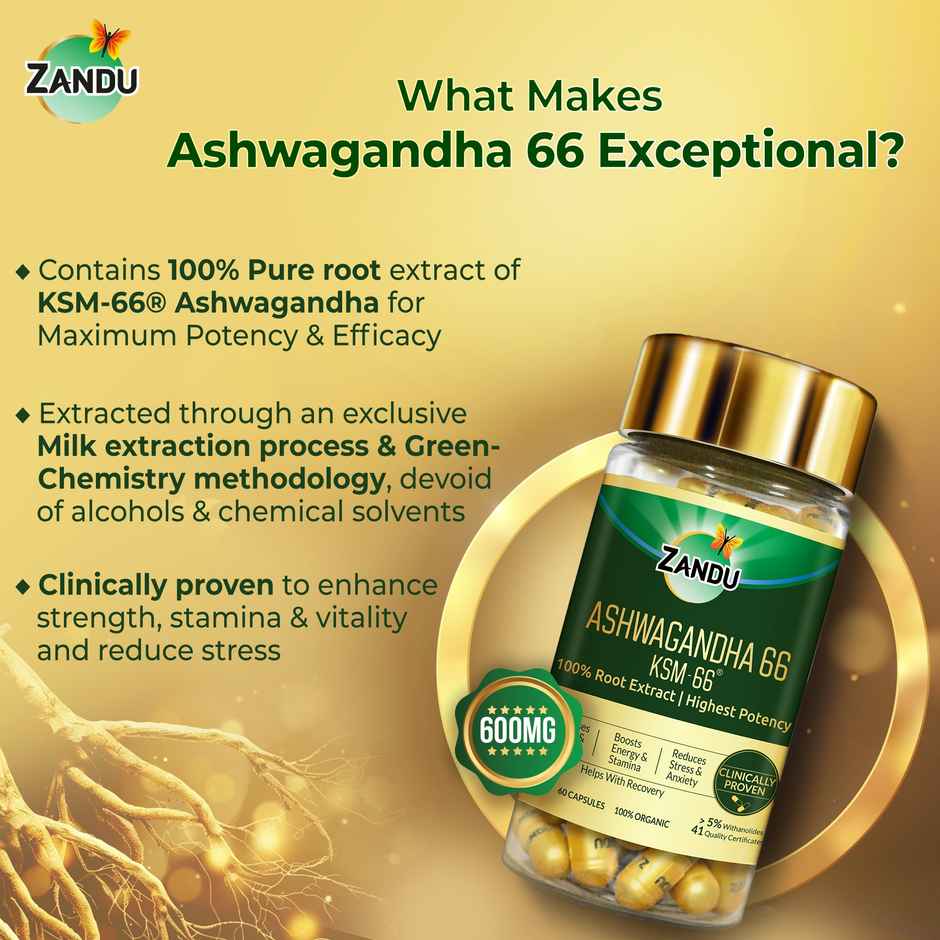 Zandu Ashwagandha 66 KSM Clinically Proven 100% Root Extract for Maximum Potency