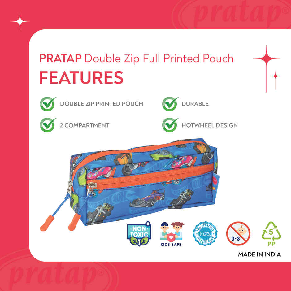 PRATAP Double Zip Cloth Full Printed Pouch | Blue, Hot Wheels