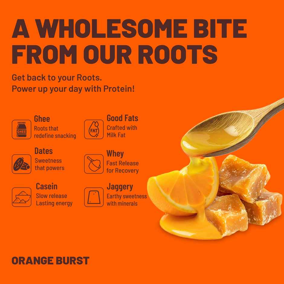 Max Protein Roots Ghee Jaggery 10g Protein Bar | Orange Burst | No Palm Oil | 4g Fiber