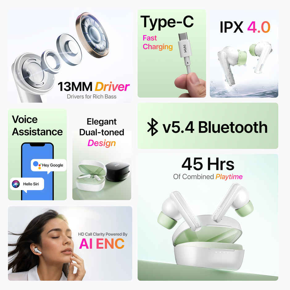 Mivi DuoPods Maxx TWS, 13mm Bass, 50H Playtime, AI ENC Calls, Gaming Mode, BT 5.3, Type C