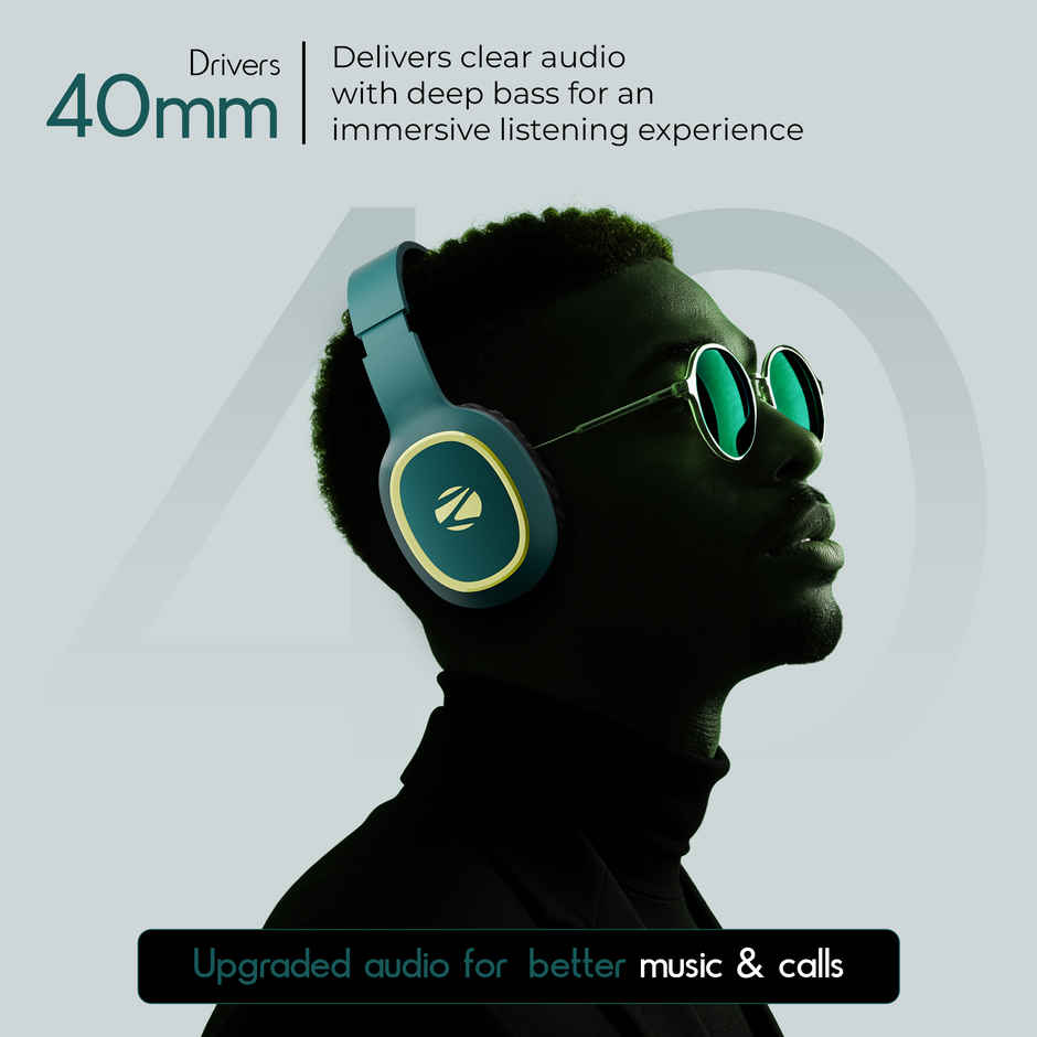 Zebronics Thunder BT 5.3 Headphone, 60H, Gaming Mode, Dual Pairing ENC, AUX, Voice Asst Teal Green