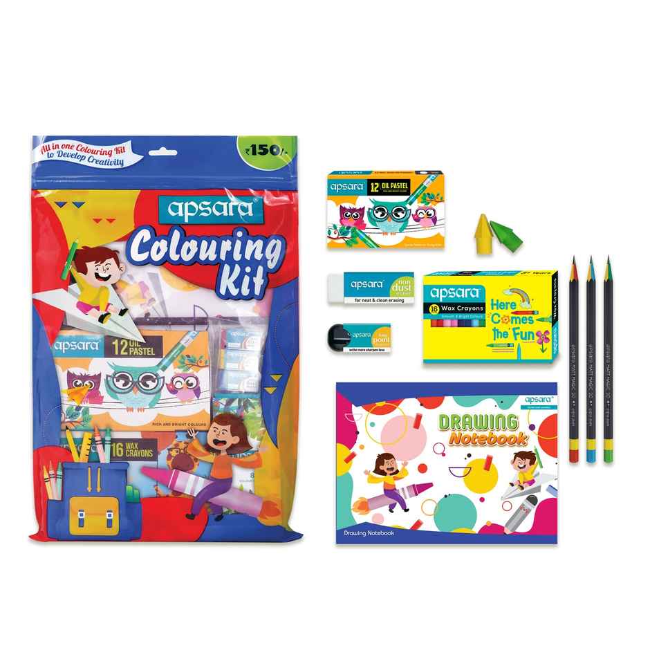 Apsara Colouring Kit, Wax Crayon, Oil Pastel, Sharpener, Eraser, Pencil, Drawing Book For Gifting