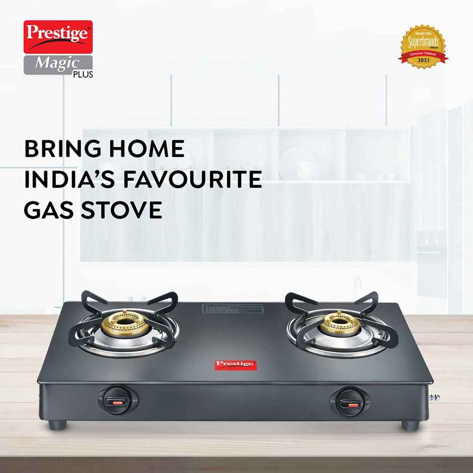 Prestige Magic Plus GTMP-02 LP Gas Stove,2 Brass Burners,Toughened Black-Glass Top,2yrs Warranty