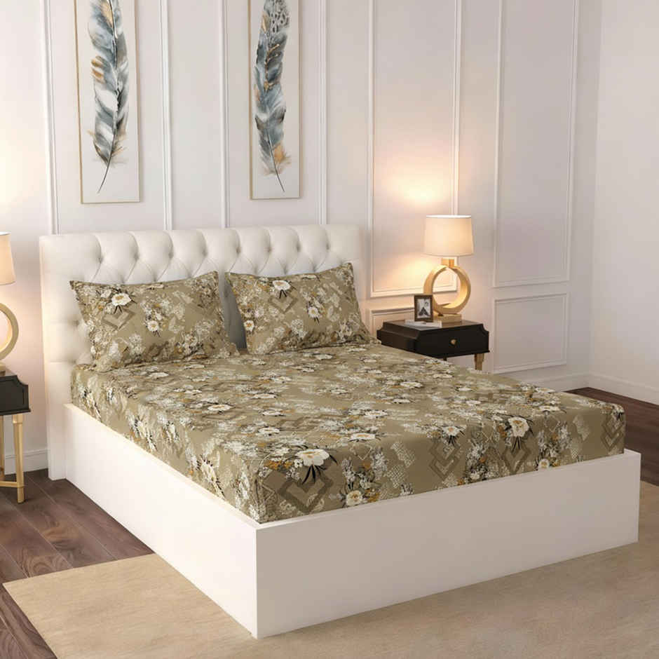 Raymond Home 120 GSM Hazel Floral Double Bedsheet with 2 Pillow Covers Beige