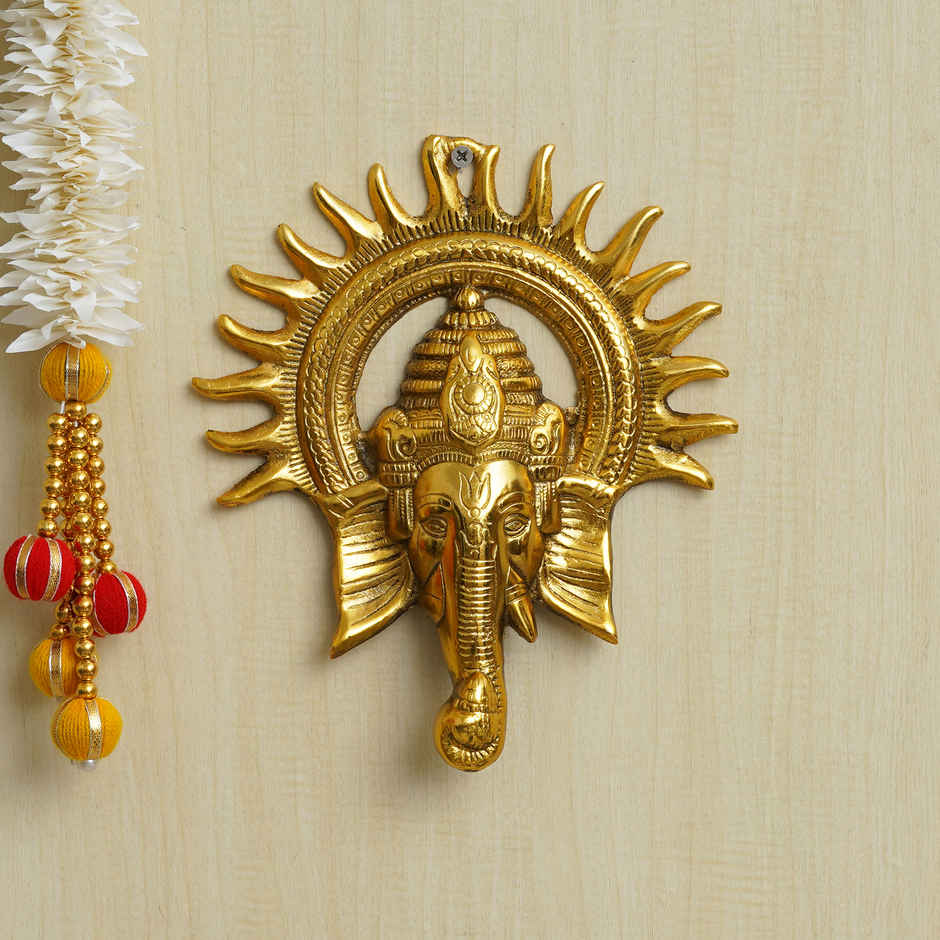 eCraftIndia Golden Lord Ganesha Face With Sun Decorative Metal Wall Hanging Showpiece