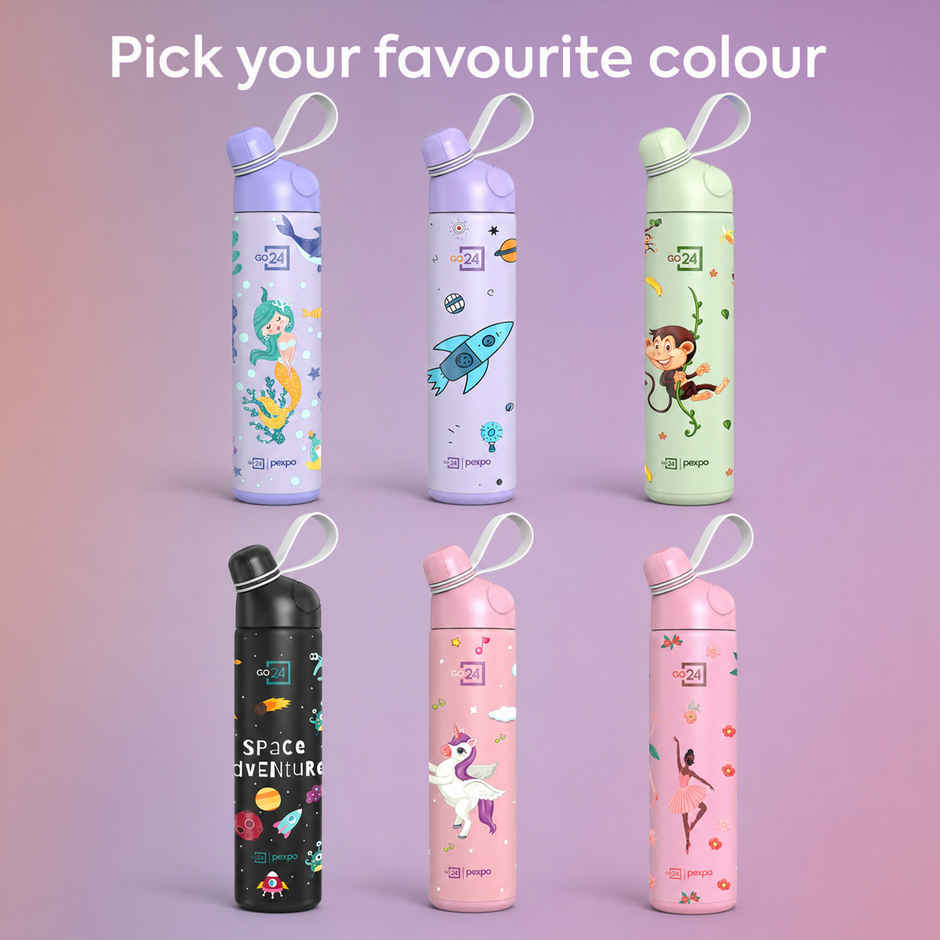 Go24 | Pexpo Stainless Steel Pico Cute Sipper Hot & Cold Water Bottle | Unicorn UV Printed | Pink | 500 ml