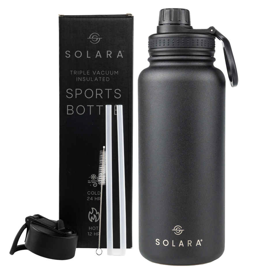 Solara Stainless Steel Insulated Water Bottle for Travel, Office, School, Gym | Black | 1 L