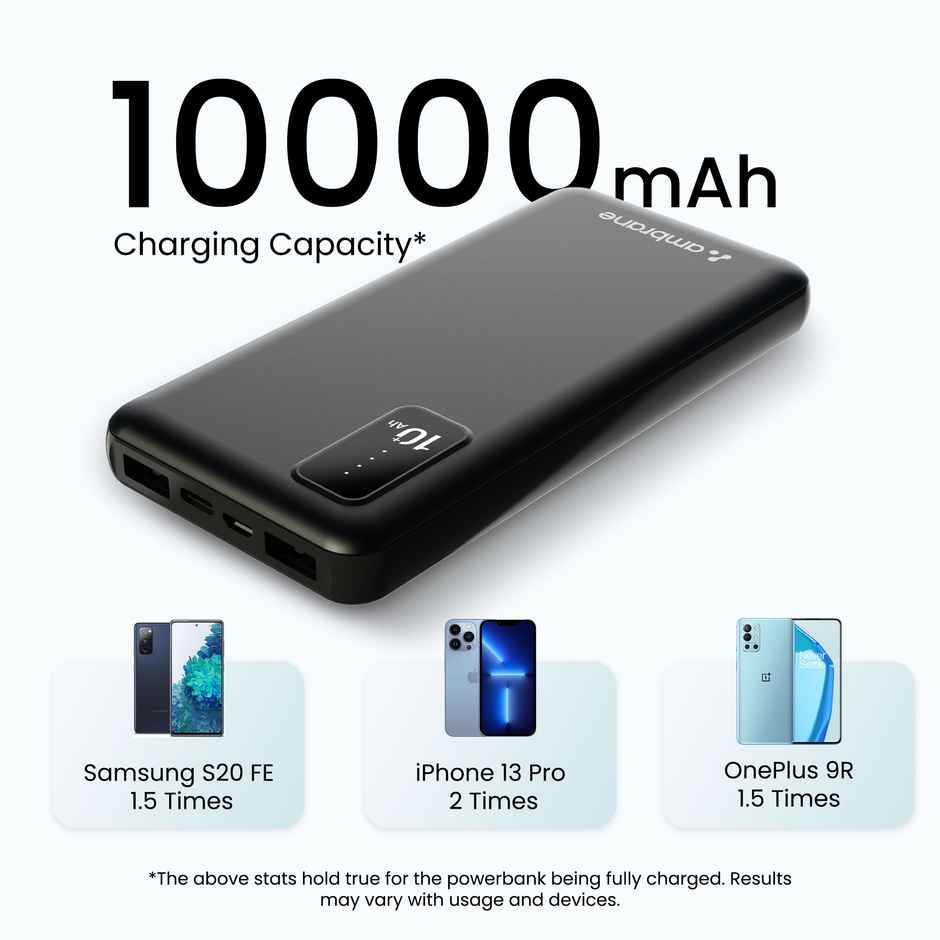 Ambrane 10000mAh Power Bank 10.5W Fast Charging Triple Outputs With USB-C Compact Powerbank | Black