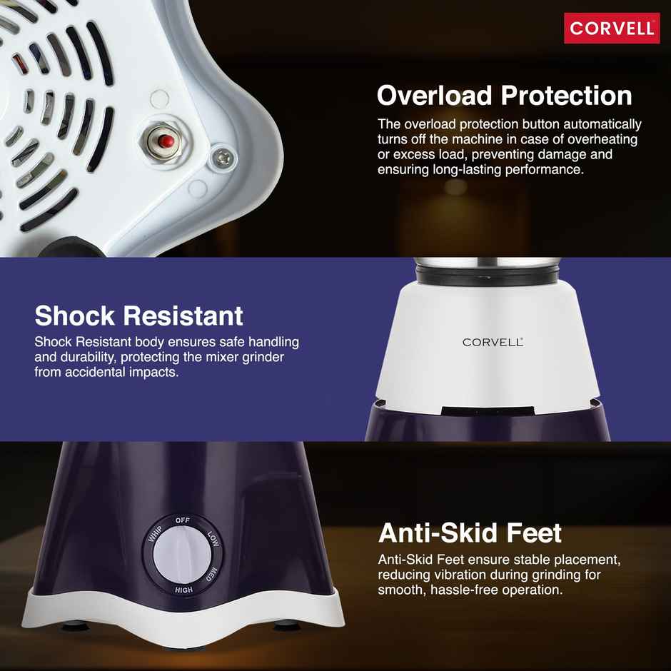CORVELL Nutrimaxx 750W Blue Mixer Grinder for Kitchen | 4 Stainless Steel Jars | Blender | Grinder
