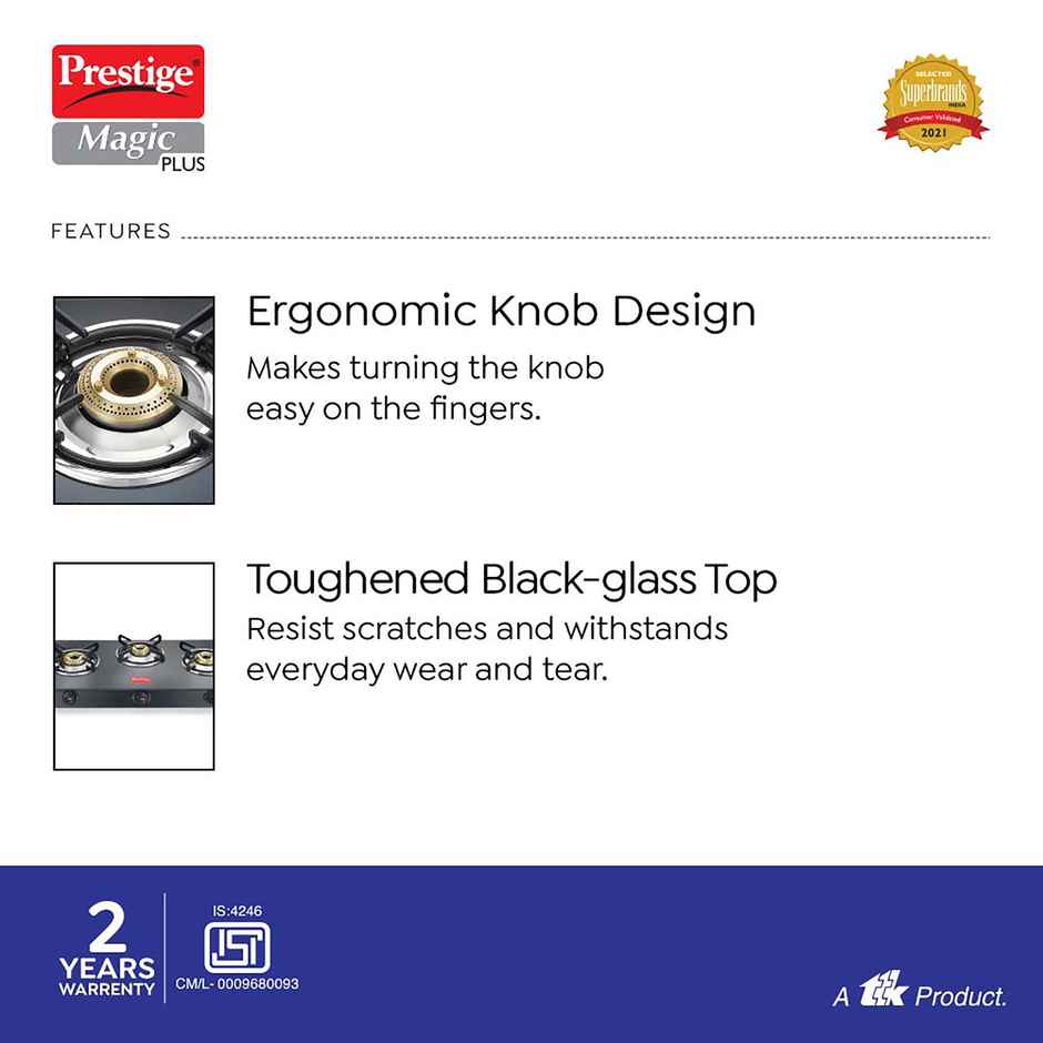 Prestige Magic Plus GTMP 03 LP Gas Stove,3Brass Burners,Toughened Black-Glass Top,2Y Warranty,Black
