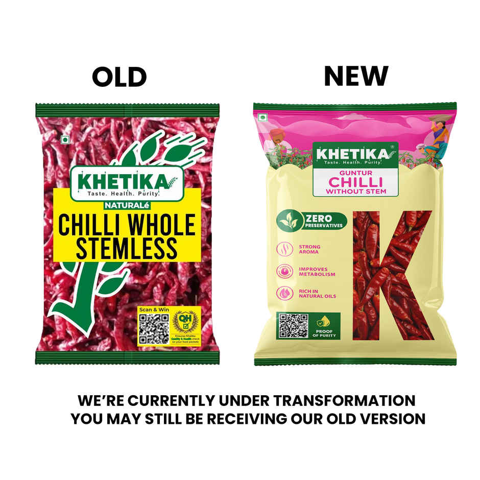 Khetika Red Chilli Whole Stemless | Guntur Chilli | Strong Aroma | Zero Preservatives