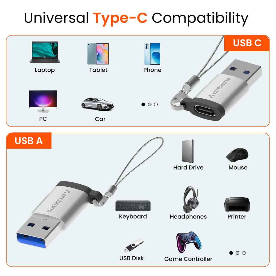 Ambrane AOTG-A1 USB Type C Female to USB Male OTG Adapter with 5 Gbps High-Speed Data Transfer, Compatible with Laptops, Tablets, Smartphone, Chargers and More Devices - Grey
