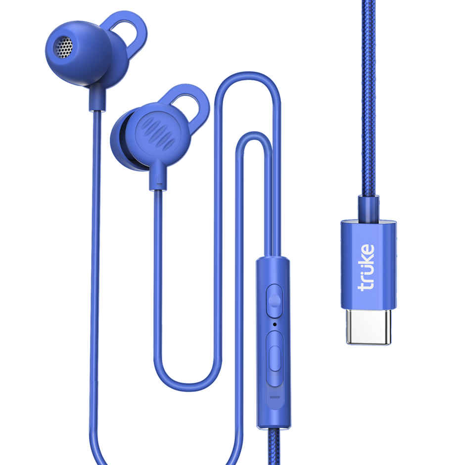 Truke Bass S2 Sleeping Earphone with 100 percent Silicone Tip Type C Mic Multifunctional Keys Blue
