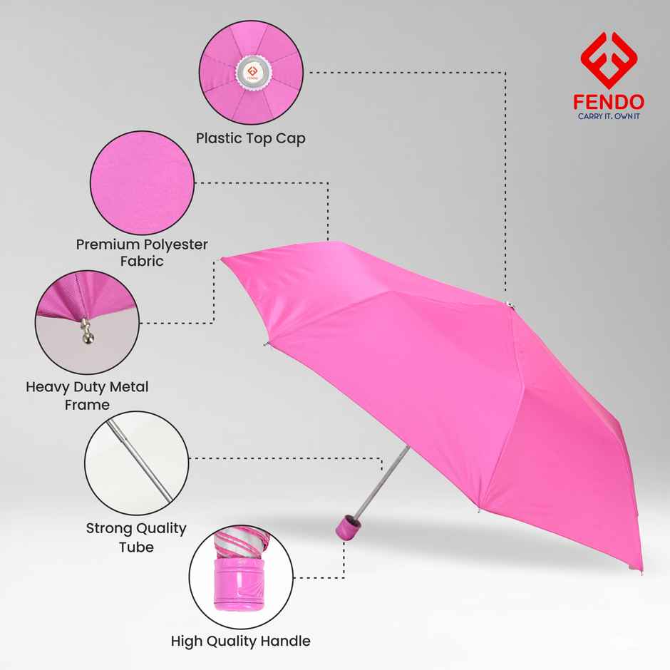 Fendo Aura 3 Fold Hand Open 21.5 Inch Sun & Rainproof Regular Umbrella For Men & Women | Rani Pink