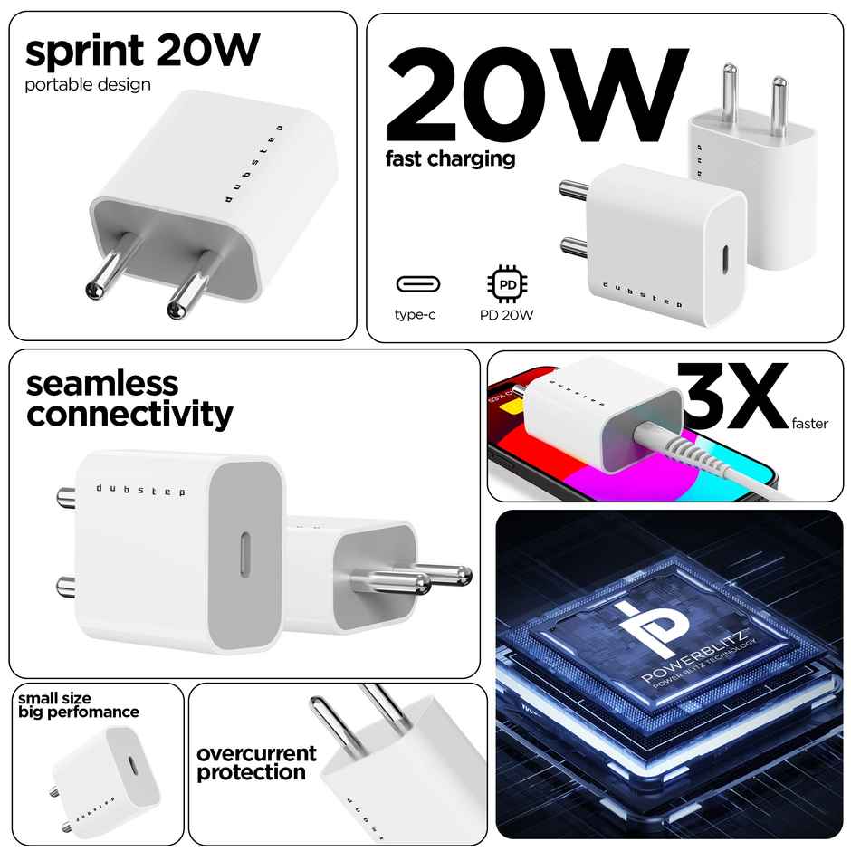 Dubstep Sprint 20W USB C Charger with PD PPS 3.0 Supports Fast Charging Adaptor Only | White