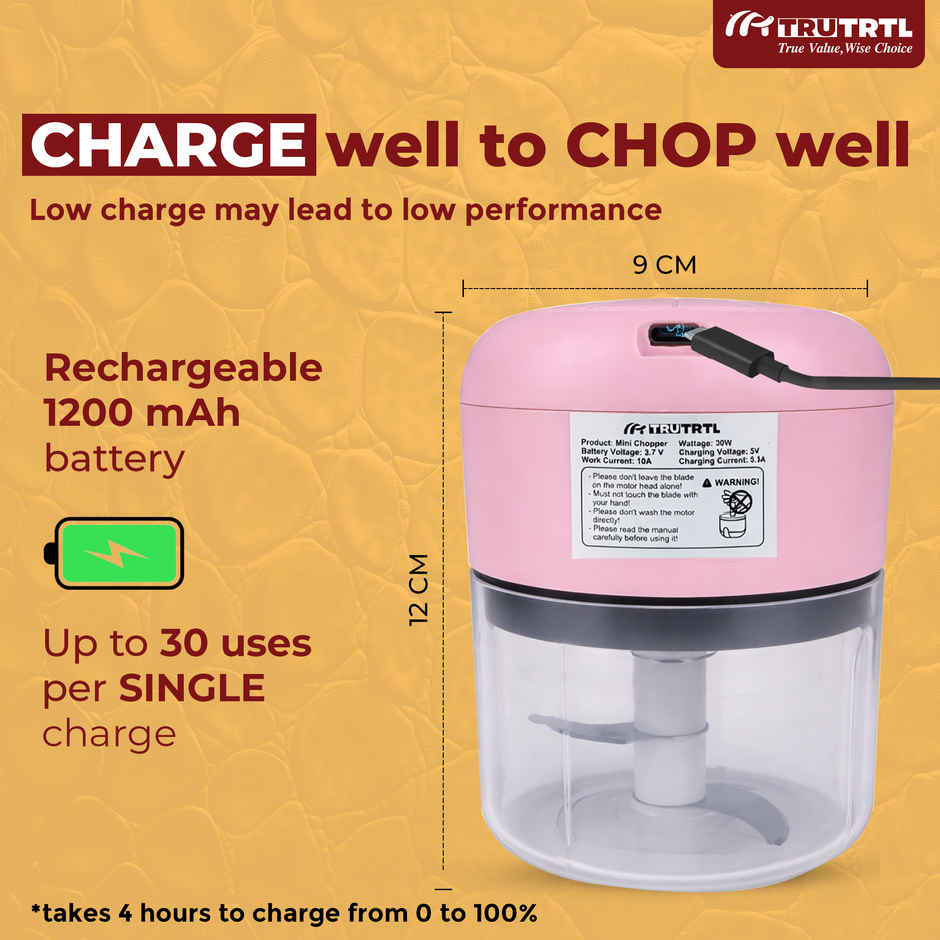 truTRTL Smart Electric Chopper | 1200 mAh Battery | Onion & Vegetable Cutter | Pink - 250 ml