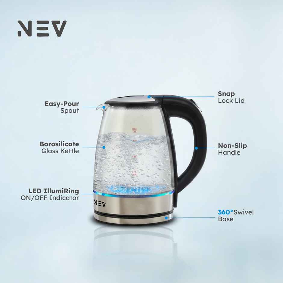 NEV VETRO 1.8 L Electric Glass Kettle with Double-Wall Insulation | 1350 W Fast-Boil
