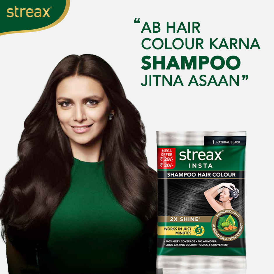 Streax Insta Shampoo Hair Colour for Women and Men- Natural Black | 100% grey coverage in 5 mins