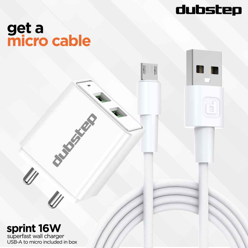 Dubstep Sprint 16W 3.1A Dual USB Port Superfast Charger Adapter (with Cable USB A To Micro USB) - White