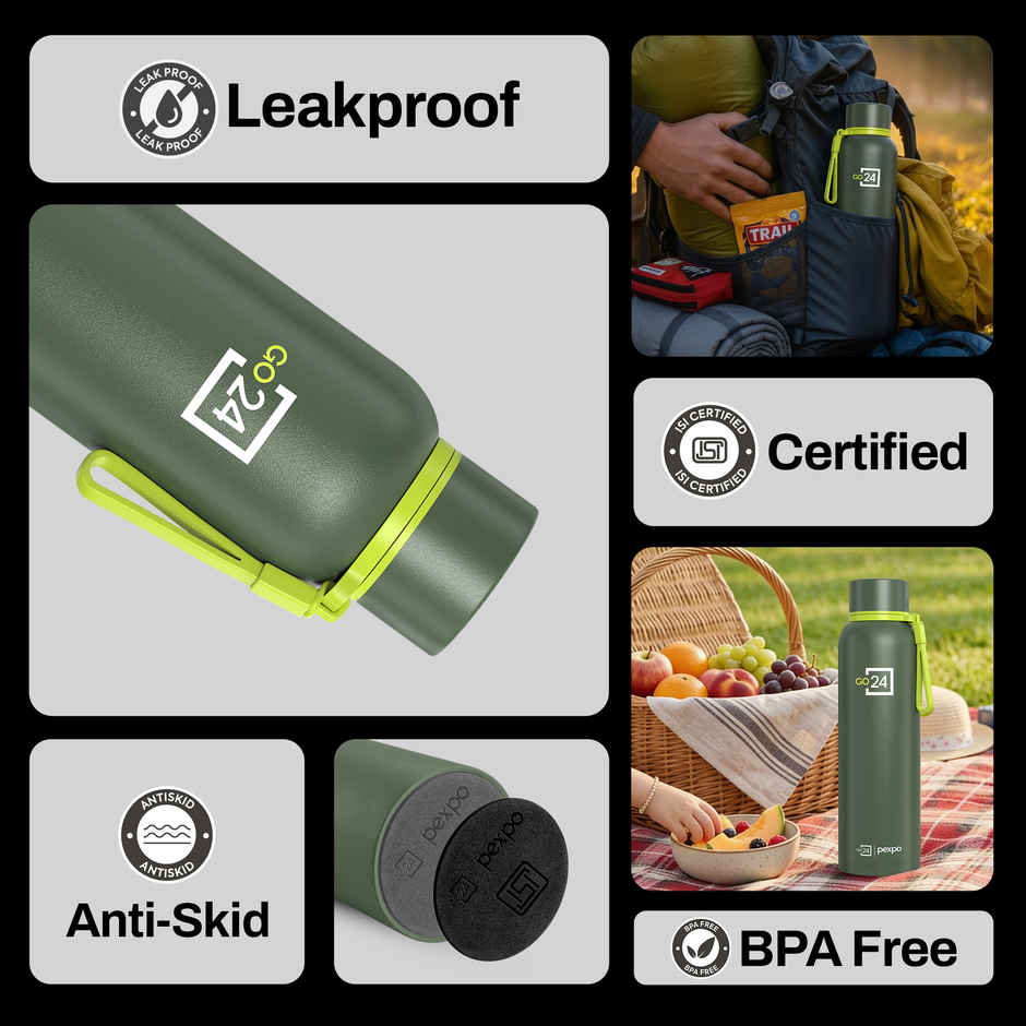 Go24 | Pexpo Bravo Hot & Cold ISI Certified Insulated Thermosteel Water Bottle | Military Green | 1 L