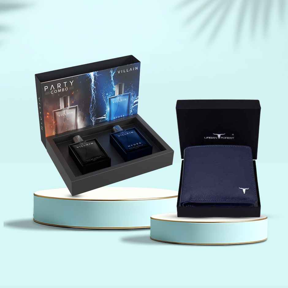 Villain Luxury Villain Party Combo Premium Long Lasting Perfume For Men (2pc) & Urban Forest Men'S George Leather Wallet | Blueberry (1pc) Combo