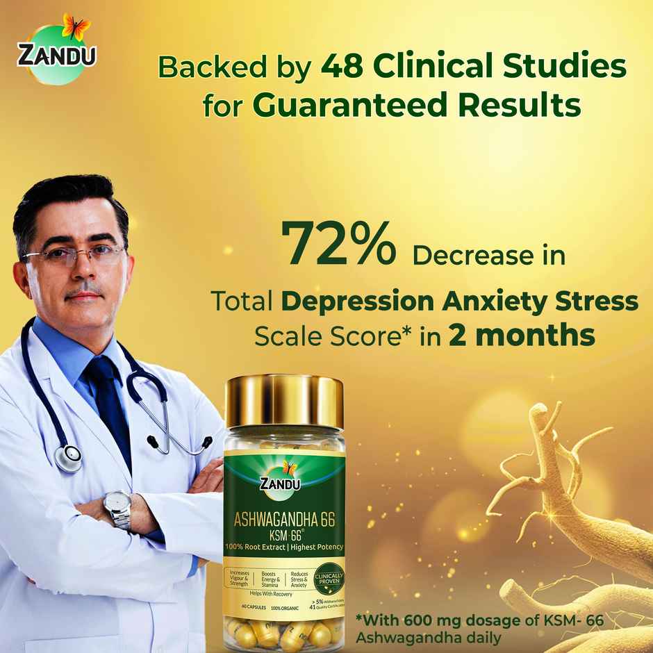 Zandu Ashwagandha 66 KSM Clinically Proven 100% Root Extract for Maximum Potency