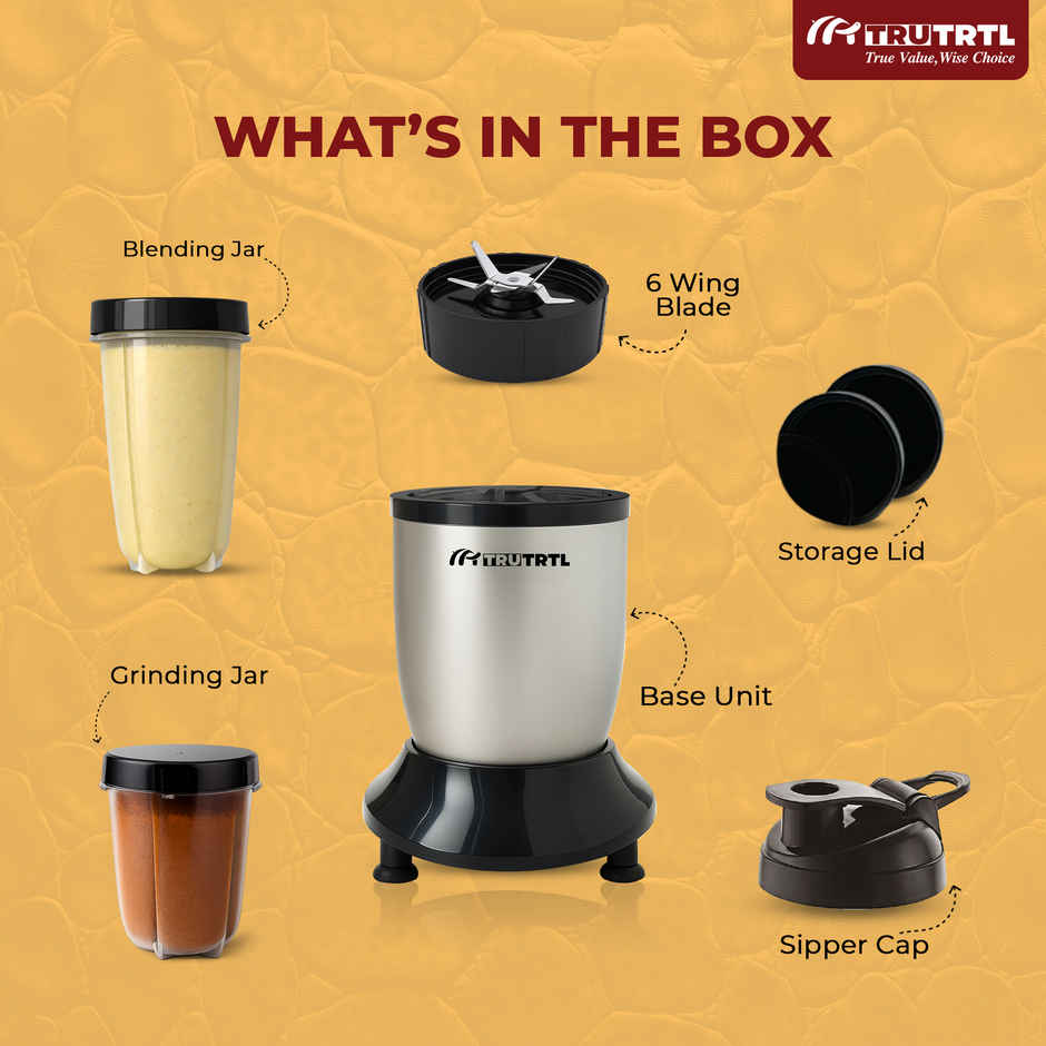 truTRTL Nutri Insta Mixer Grinder | Smoothie Maker, Masala & Chutney Grinder, 2 Jars with Sipper Cap