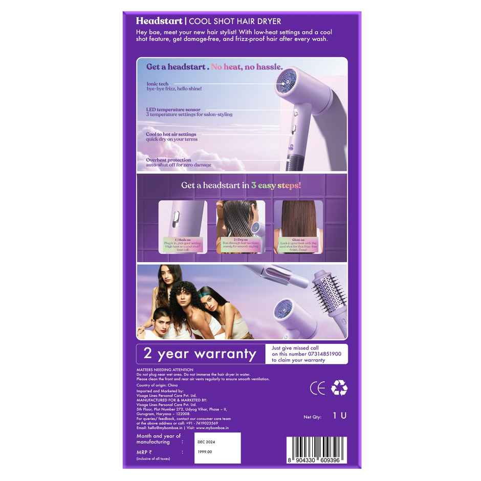 Bombae 5x Faster Ionic Hair Dryer | Headstart | 1600W | Light Purple