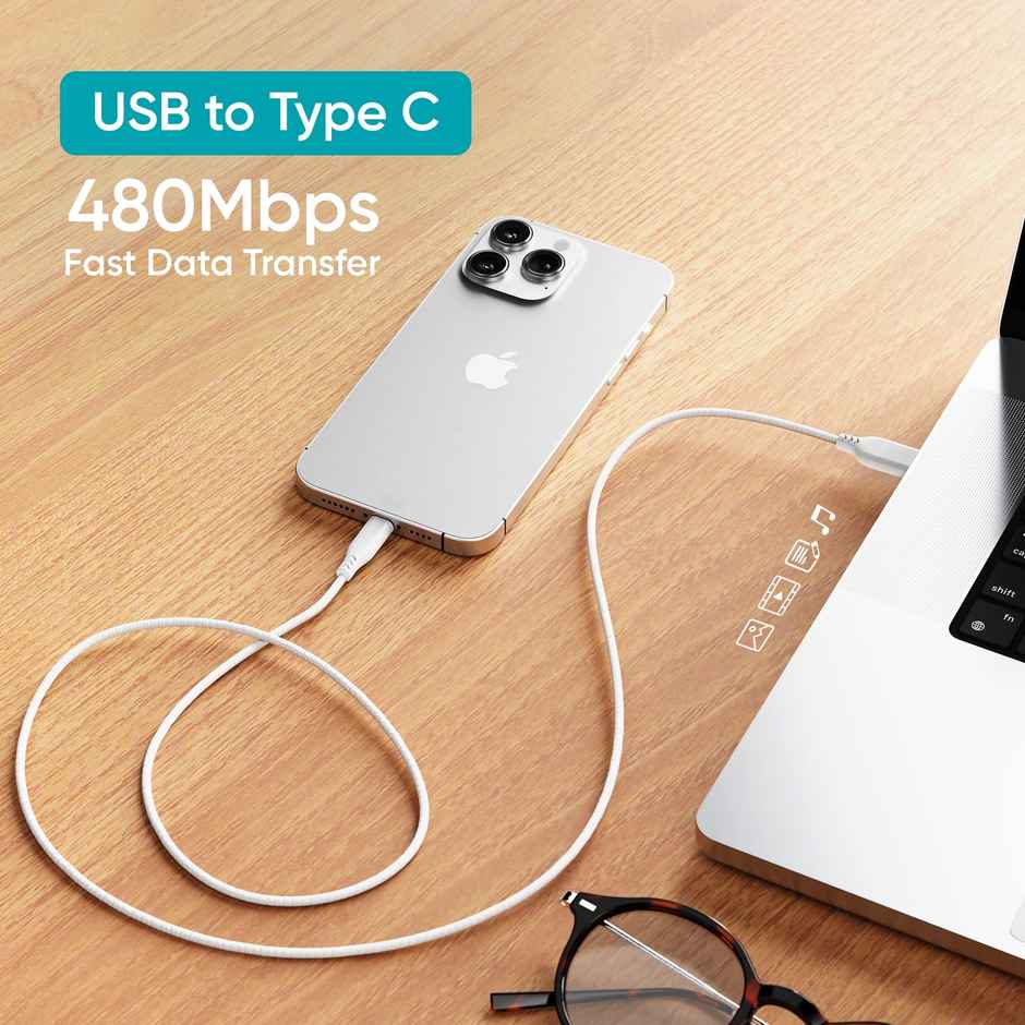 Ambrane Unbreakable 3A Fast Charging 1.5m Braided Type C Cable | USB to C Cable | White 