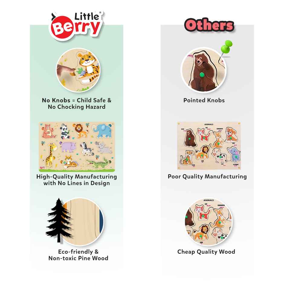 Little Berry Jungle Animals Wooden Knob Puzzle Board For Kids With Pictures - Lb59