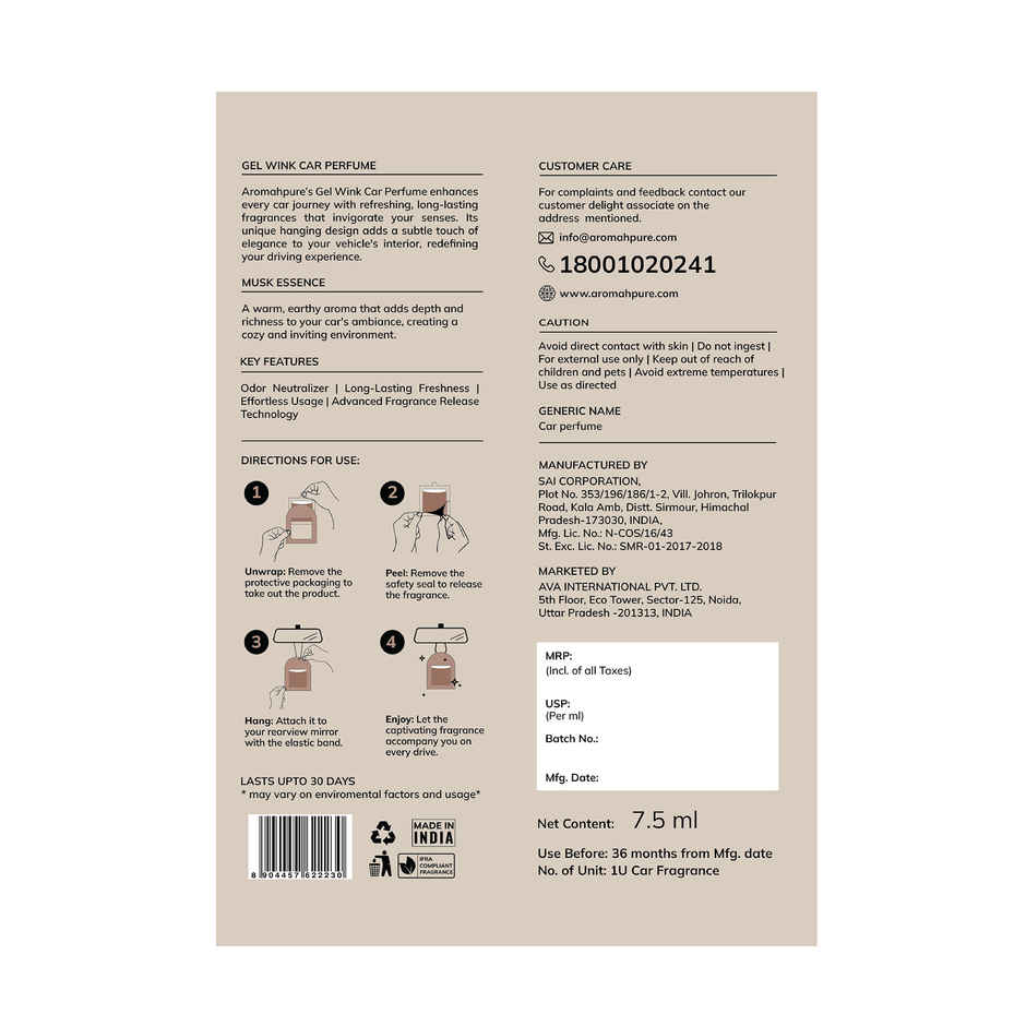 Aromahpure Gel Wink Car Perfume - Musk Essence | Long-Lasting | 30 Days