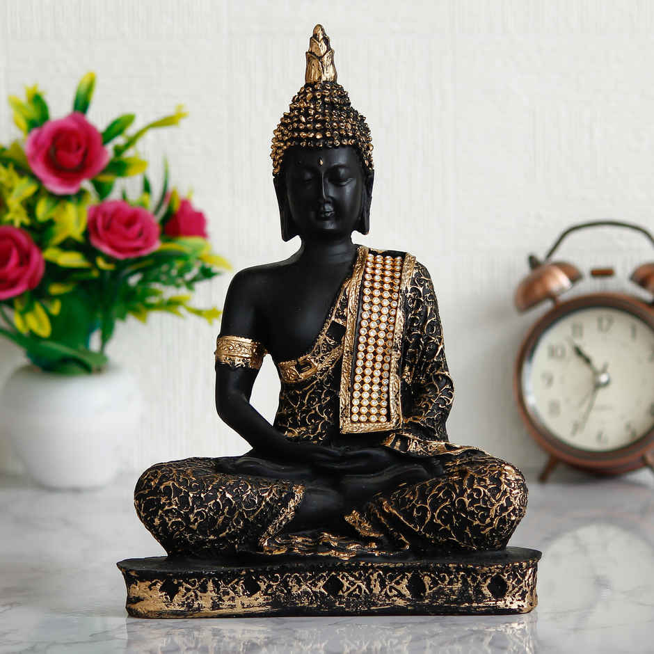 eCraftIndia Black & Golden Polyresin Handcrafted Meditating Lord Buddha Statue