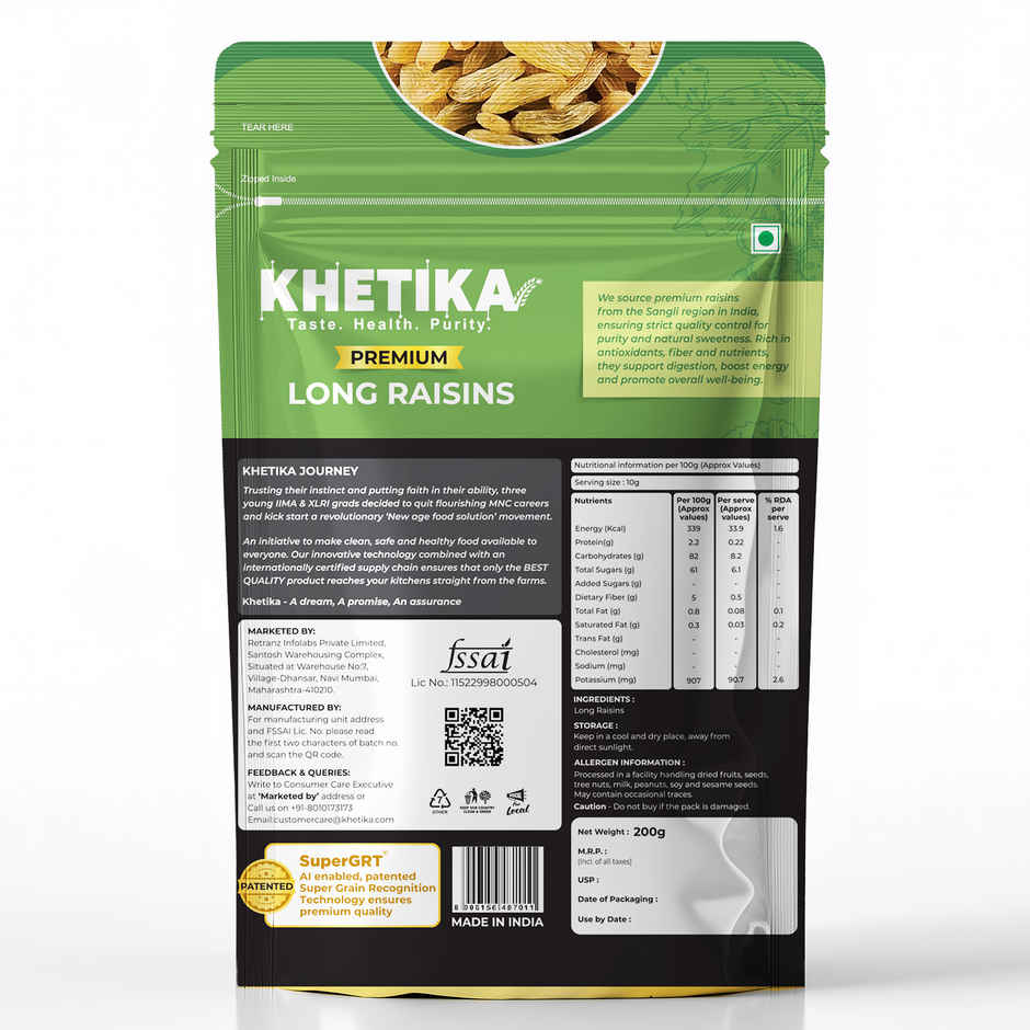Khetika Premium Long Raisins | Dried Kishmish | High in Potassium